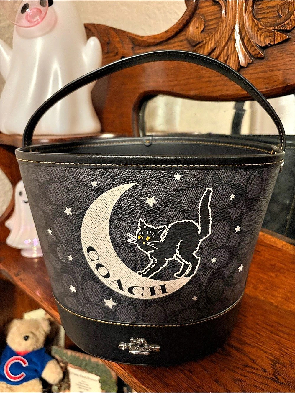 Coach Trick or Treat Bucket In Signature Canvas W/Halloween Black Cat & Moon 🌙 N